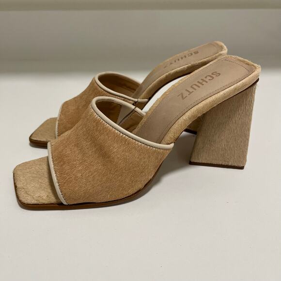 Schutz Lizah Wild Welt Mohair Heels Chunky Block Heel Tan Leather Size 8 - Picture 1 of 9